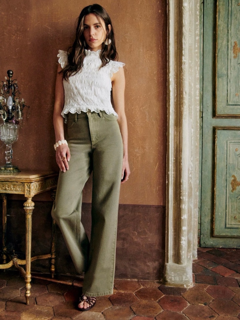 Sezane High-Rise Wide Leg Pants in Olive